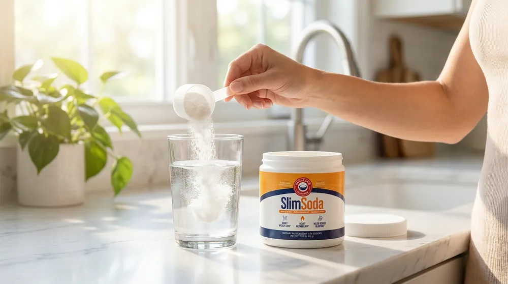 A scoop of SlimSoda powder being stirred into a glass of water on a kitchen counter
