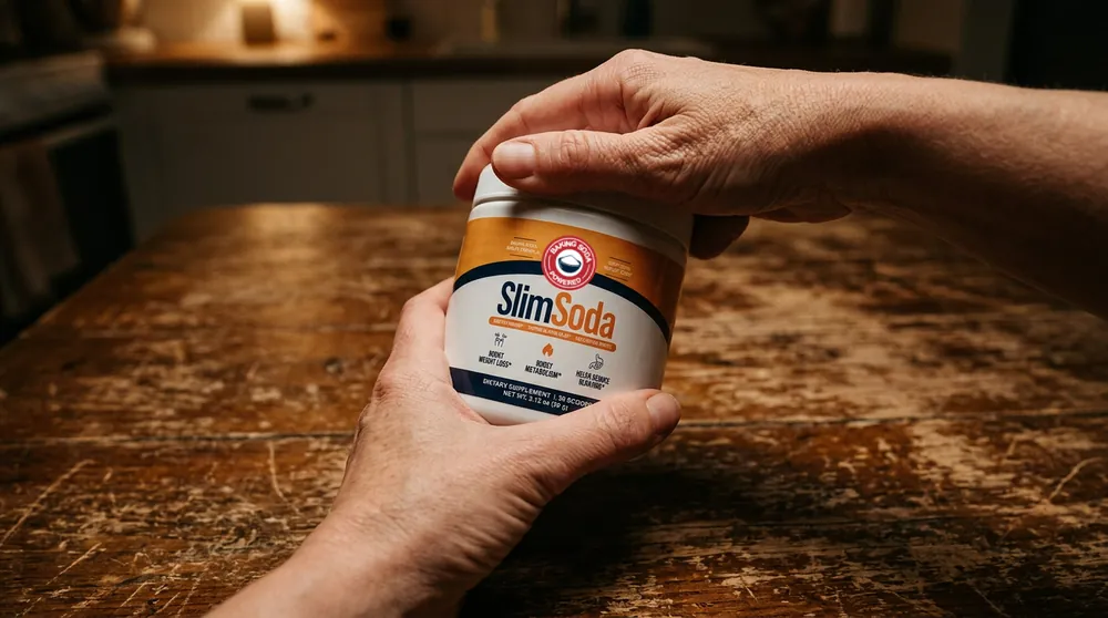 A tub of SlimSoda held over a wooden table